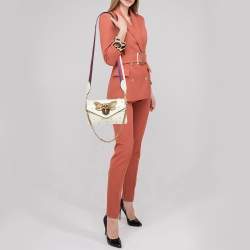 Pre Owned Gucci Off White Leather Mini Faux Pearl Studded Broadway Bee Shoulder Bag