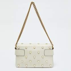 Pre Owned Gucci Off White Leather Mini Faux Pearl Studded Broadway Bee Shoulder Bag