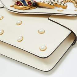 Pre Owned Gucci Off White Leather Mini Faux Pearl Studded Broadway Bee Shoulder Bag