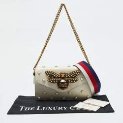 Pre Owned Gucci Off White Leather Mini Faux Pearl Studded Broadway Bee Shoulder Bag