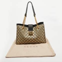 Pre Owned Gucci Black/Beige GG Supreme Canvas and Leather Padlock Bee Tote