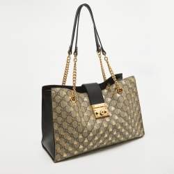 Pre Owned Gucci Black/Beige GG Supreme Canvas and Leather Padlock Bee Tote