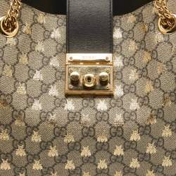 Pre Owned Gucci Black/Beige GG Supreme Canvas and Leather Padlock Bee Tote