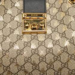 Pre Owned Gucci Black/Beige GG Supreme Canvas and Leather Padlock Bee Tote