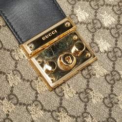 Pre Owned Gucci Black/Beige GG Supreme Canvas and Leather Small Padlock Bee Tote