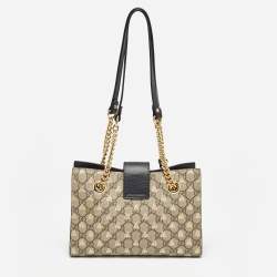 Pre Owned Gucci Black/Beige GG Supreme Canvas and Leather Small Padlock Bee Tote