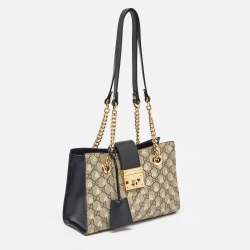 Pre Owned Gucci Black/Beige GG Supreme Canvas and Leather Small Padlock Bee Tote