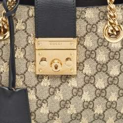 Pre Owned Gucci Black/Beige GG Supreme Canvas and Leather Small Padlock Bee Tote