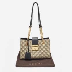 Pre Owned Gucci Black/Beige GG Supreme Canvas and Leather Small Padlock Bee Tote