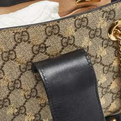 Pre Owned Gucci Black/Beige GG Supreme Canvas and Leather Small Padlock Bee Tote