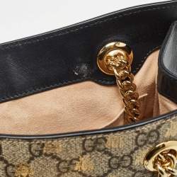 Pre Owned Gucci Black/Beige GG Supreme Canvas and Leather Small Padlock Bee Tote