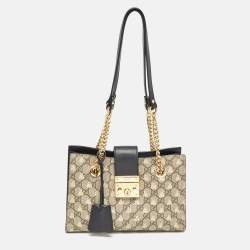 Pre Owned Gucci Black/Beige GG Supreme Canvas and Leather Small Padlock Bee Tote