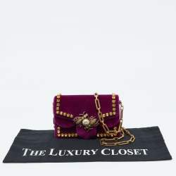 Gucci Purple Velvet Mini Pearly Bee Crystal Embellished Broadway Shoulder Bag