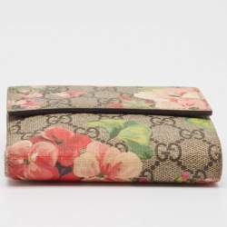 Gucci Pink/Beige GG Supreme Blooms Canvas French Flap Wallet