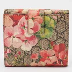 Gucci Pink/Beige GG Supreme Blooms Canvas French Flap Wallet