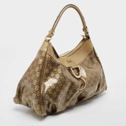 Pre Owned Gucci Beige/Gold GG Crystal Canvas Large D Ring Hobo