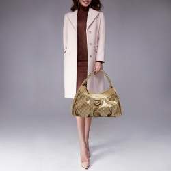 Pre Owned Gucci Beige/Gold GG Crystal Canvas Large D Ring Hobo