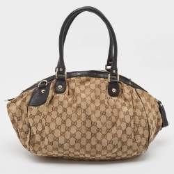 Pre Owned Gucci Black/Beige GG Canvas and Leather Medium Sukey Bag