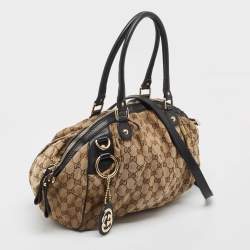 Pre Owned Gucci Black/Beige GG Canvas and Leather Medium Sukey Bag
