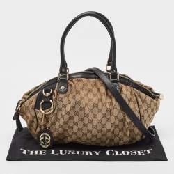 Pre Owned Gucci Black/Beige GG Canvas and Leather Medium Sukey Bag