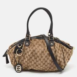 Pre Owned Gucci Black/Beige GG Canvas and Leather Medium Sukey Bag