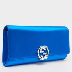 Gucci Royal Blue Satin GG Crystals Broadway Clutch