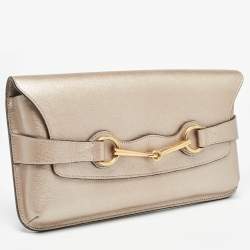 Pre Owned Gucci Metallic Beige Leather Bright Bit Clutch