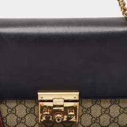 Pre Owned Gucci Beige/Black GG Supreme Canvas and Leather Medium Padlock Shoulder Bag