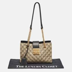 Pre Owned Gucci Black/Beige GG Supreme Canvas and Leather Small Padlock Bee Tote