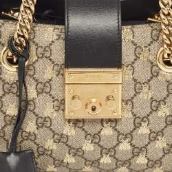 Pre Owned Gucci Black/Beige GG Supreme Canvas and Leather Small Padlock Bee Tote