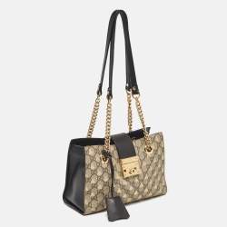 Pre Owned Gucci Black/Beige GG Supreme Canvas and Leather Small Padlock Bee Tote