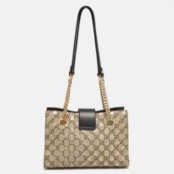 Pre Owned Gucci Black/Beige GG Supreme Canvas and Leather Small Padlock Bee Tote