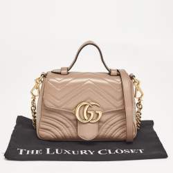 Pre Owned Gucci Dusty Pink Matelassé Leather Mini GG Marmont Top Handle Bag