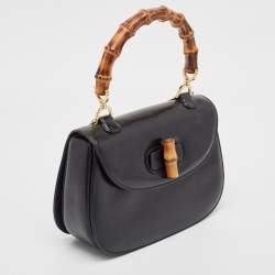 Pre Owned Gucci Black Leather Vintage Bamboo Top Handle Bag