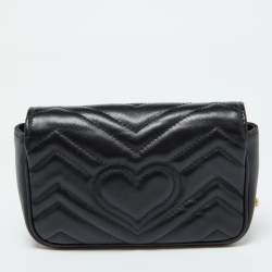 Pre Owned Gucci Black Matelassé Leather GG Marmont Super Mini Shoulder Bag
