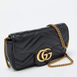 Pre Owned Gucci Black Matelassé Leather GG Marmont Super Mini Shoulder Bag