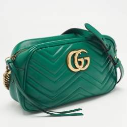 Pre Owned Gucci Green Matelassé Leather Small GG Marmont Shoulder Bag