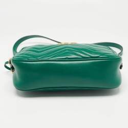 Pre Owned Gucci Green Matelassé Leather Small GG Marmont Shoulder Bag