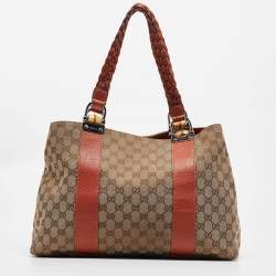 Pre Owned Gucci Beige/Brick Orange GG Canvas Medium Bamboo Bar Tote