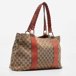 Pre Owned Gucci Beige/Brick Orange GG Canvas Medium Bamboo Bar Tote