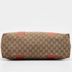 Pre Owned Gucci Beige/Brick Orange GG Canvas Medium Bamboo Bar Tote