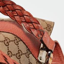 Pre Owned Gucci Beige/Brick Orange GG Canvas Medium Bamboo Bar Tote