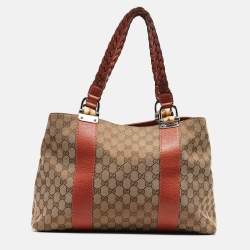Pre Owned Gucci Beige/Brick Orange GG Canvas Medium Bamboo Bar Tote
