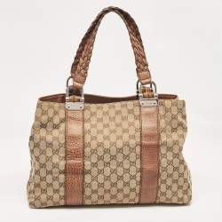 Pre Owned Gucci Beige/Brown GG Canvas and Leather Medium Bamboo Bar Tote