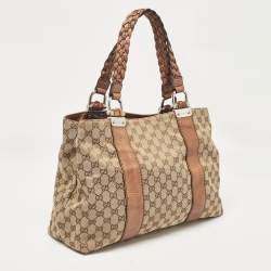 Pre Owned Gucci Beige/Brown GG Canvas and Leather Medium Bamboo Bar Tote