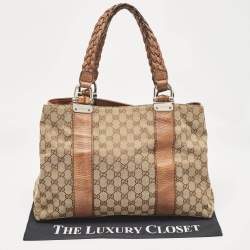 Pre Owned Gucci Beige/Brown GG Canvas and Leather Medium Bamboo Bar Tote
