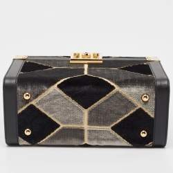 Pre Owned Gucci Black/Grey Printed Velvet and Leather Savoy Beauty Case Bag