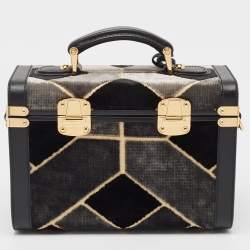 Pre Owned Gucci Black/Grey Printed Velvet and Leather Savoy Beauty Case Bag