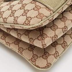 Pre Owned Gucci Metallic/Beige GG Canvas and Leather Bamboo Ring Satchel