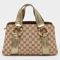 Pre Owned Gucci Metallic/Beige GG Canvas and Leather Bamboo Ring Satchel